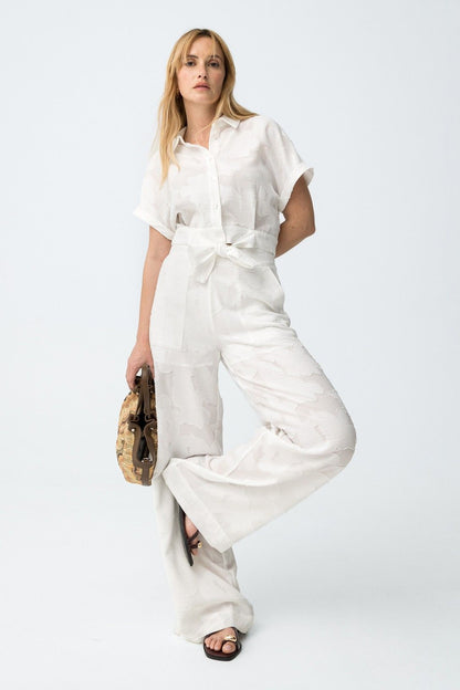 Completo donna fantasia floreale elegante Opera bianco, camicia e pantalone palazzo 