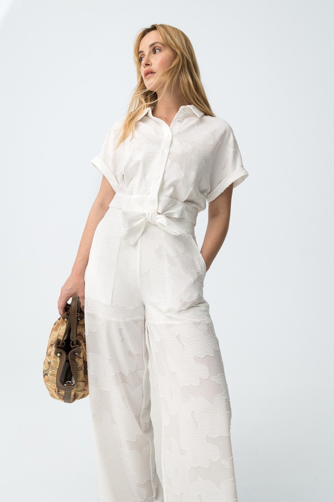 Pantalone palazzo donna vita alta gamba larga, completo donna fantasia floreale elegante