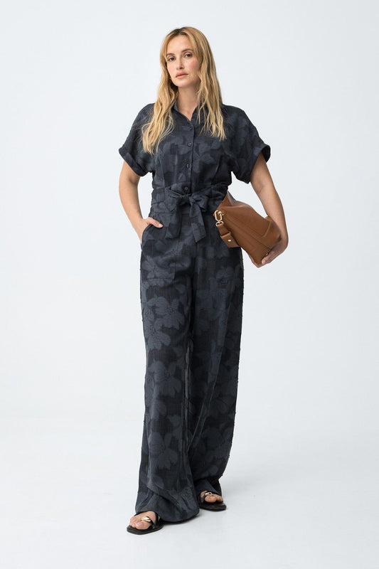 Completo donna fantasia floreale elegante blu scuro, coordinato camicia pantalone palazzo