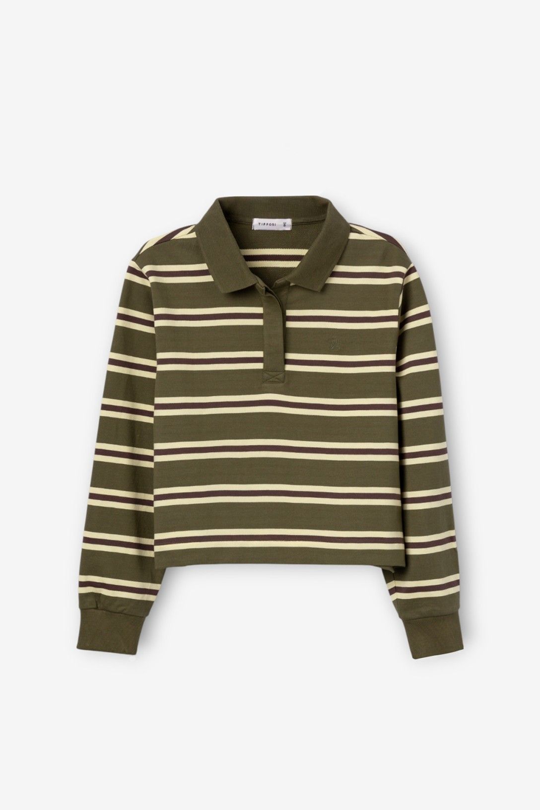 Vista frontale della felpa donna Pain Tiffosi verde scuro a righe bianche e beige, stile rugby, con colletto polo e taglio cropped