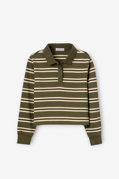 Vista frontale della felpa donna Pain Tiffosi verde scuro a righe bianche e beige, stile rugby, con colletto polo e taglio cropped