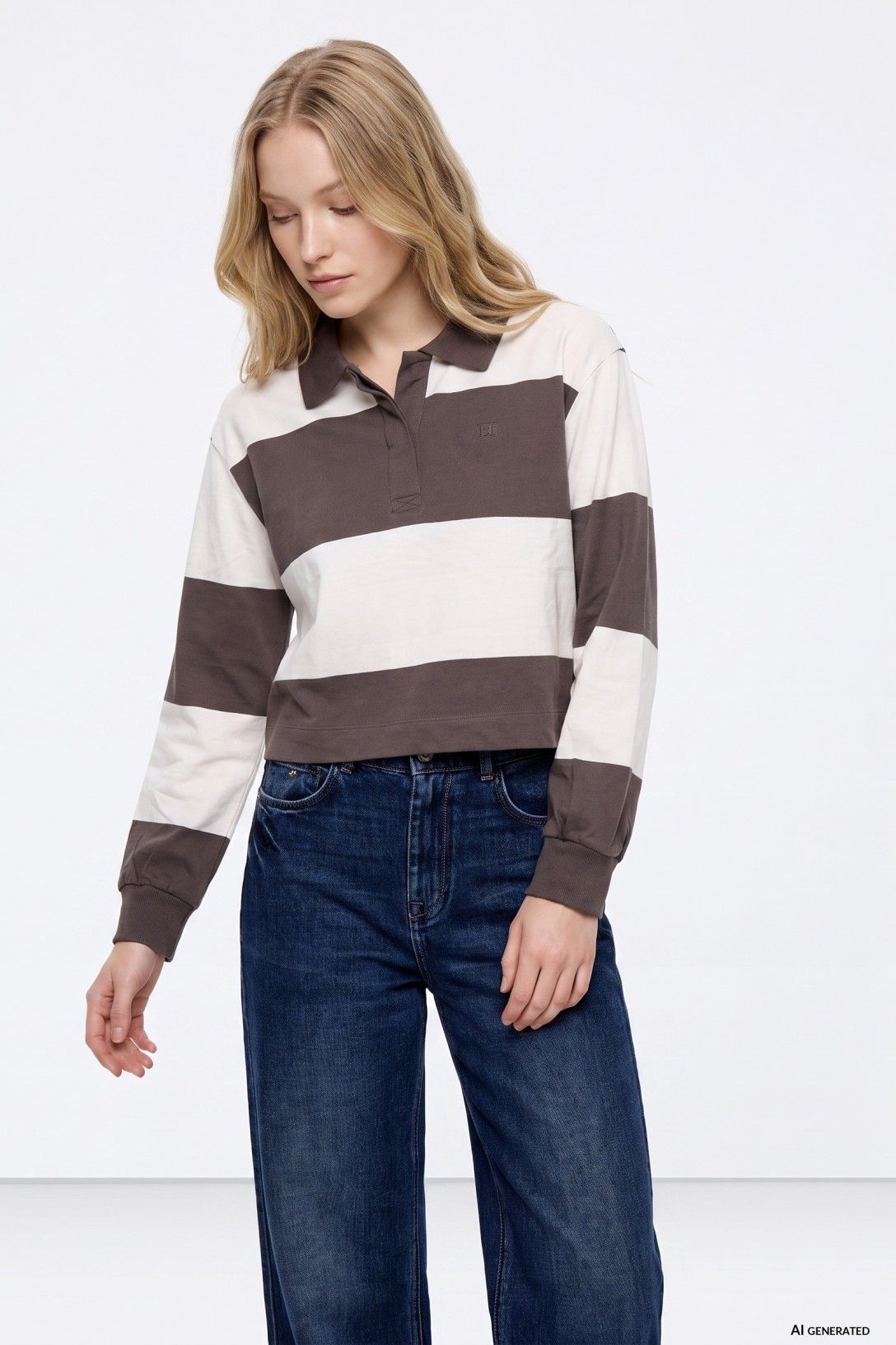 Felpa donna Pain Tiffosi stile rugby grigia a righe bianco sporco, con colletto polo, maniche lunghe e taglio cropped
