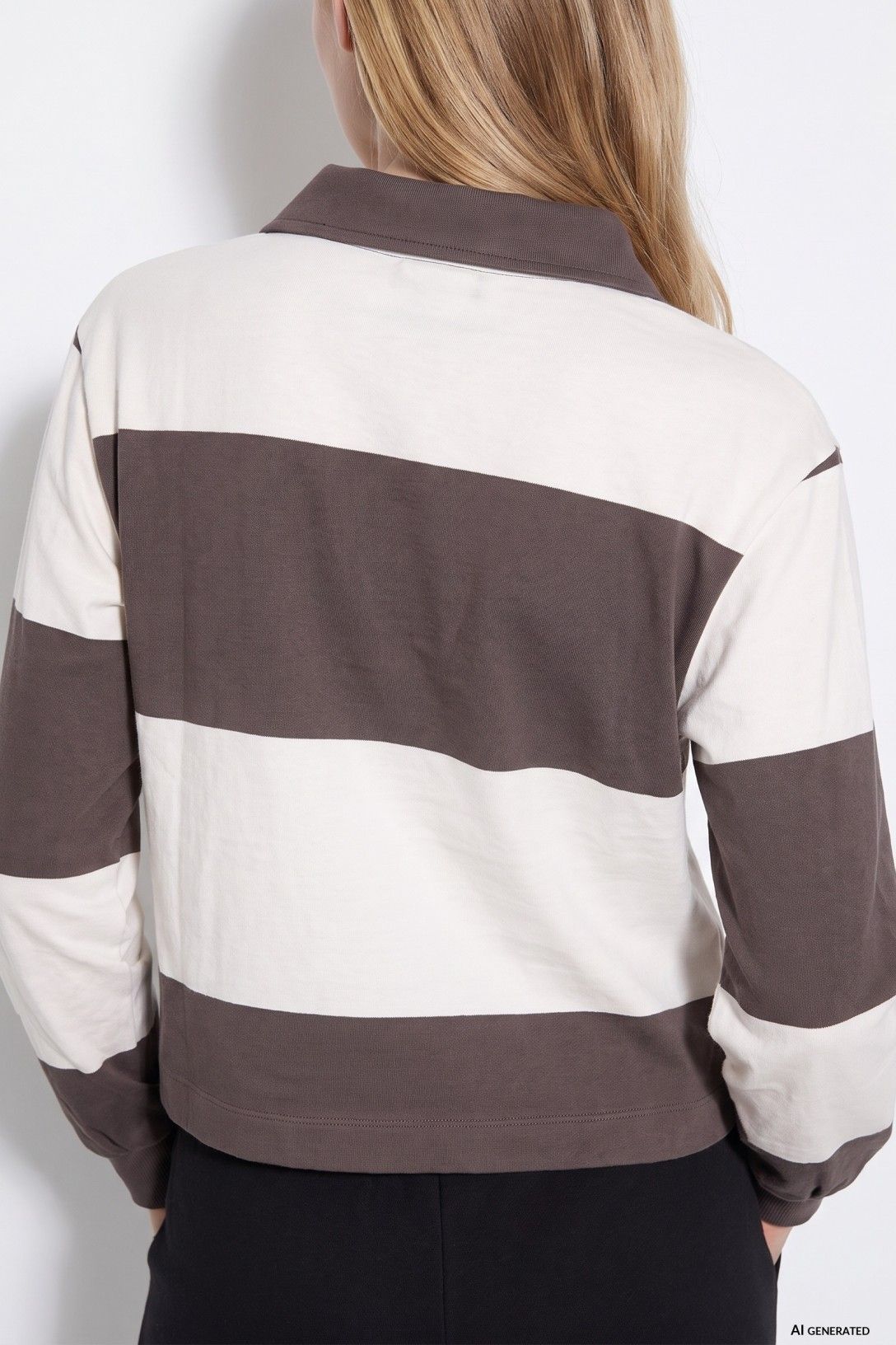 Vista posteriore della felpa donna Pain Tiffosi grigia a righe bianco sporco, stile rugby, con colletto polo e taglio cropped