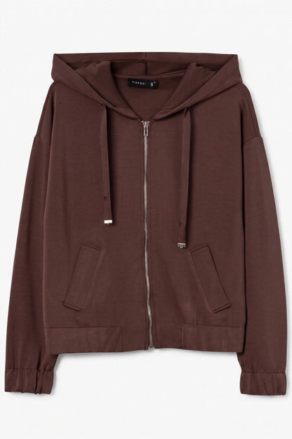 Felpa della tuta donna Pam color cioccolato, vista frontale con cappuccio, coulisse, zip e tasche