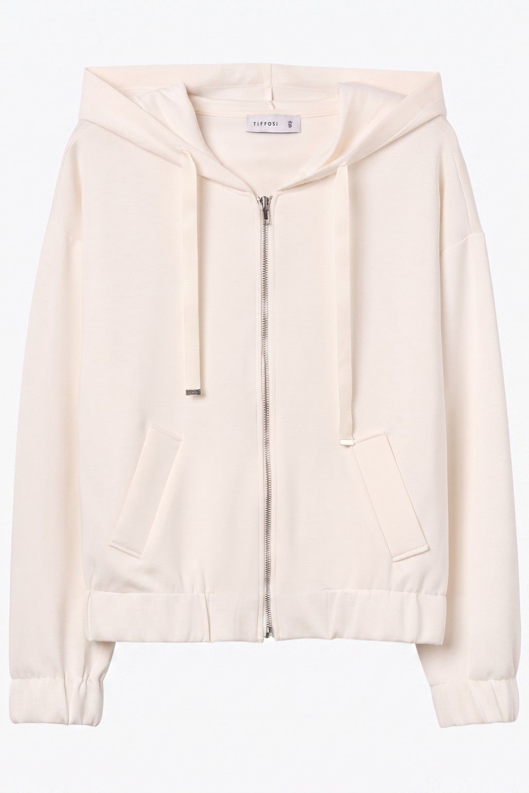 Felpa della tuta donna Pam color panna, vista frontale con cappuccio, coulisse, zip e tasche