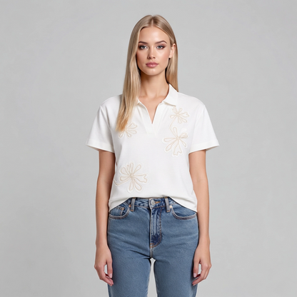 Polo donna ricamo floreale Philly bianca Tiffosi - vista frontale maglia con ricamo floreale scollo a V