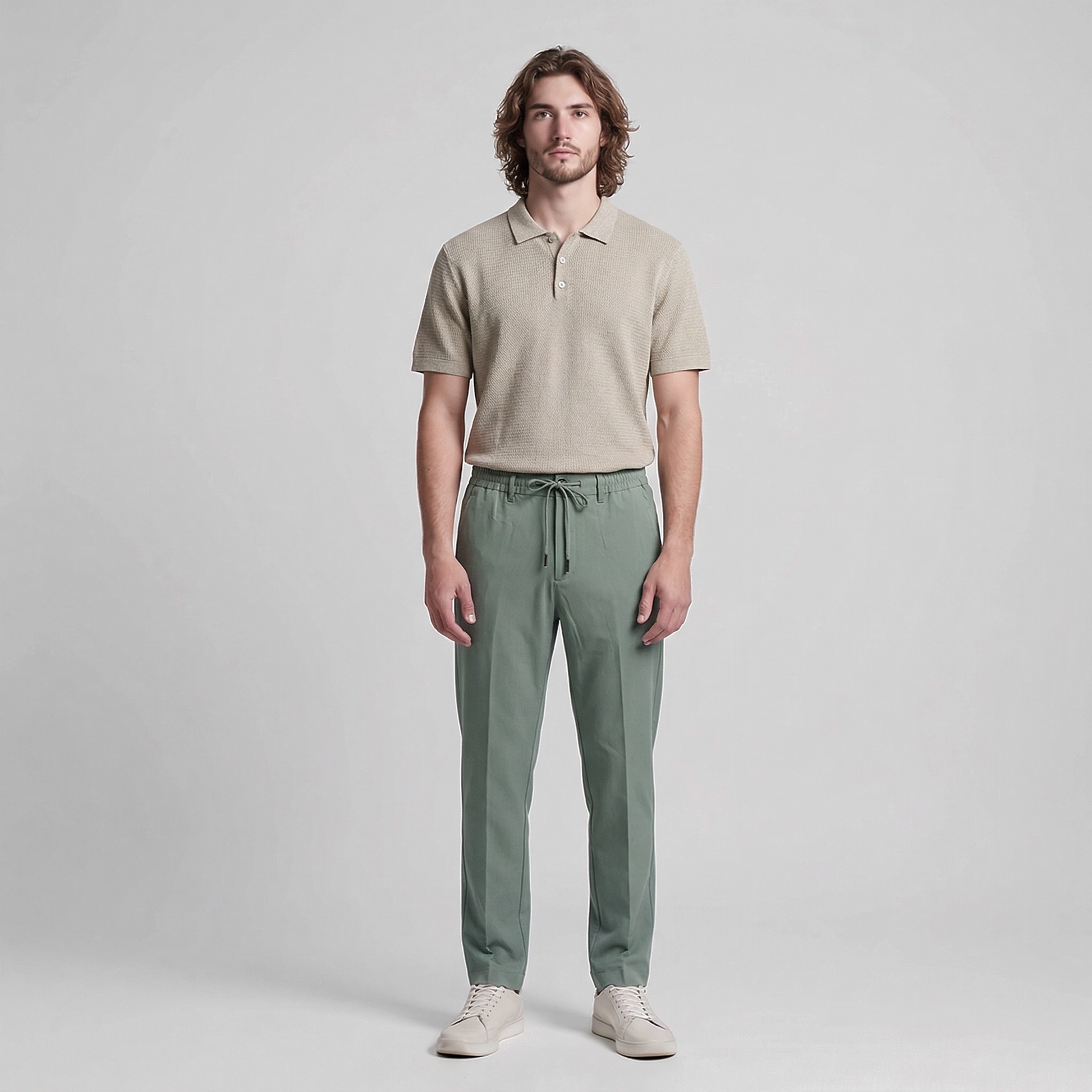 Pantalone uomo estivo poly viscosa verde militare sartoriale - vista frontale modello