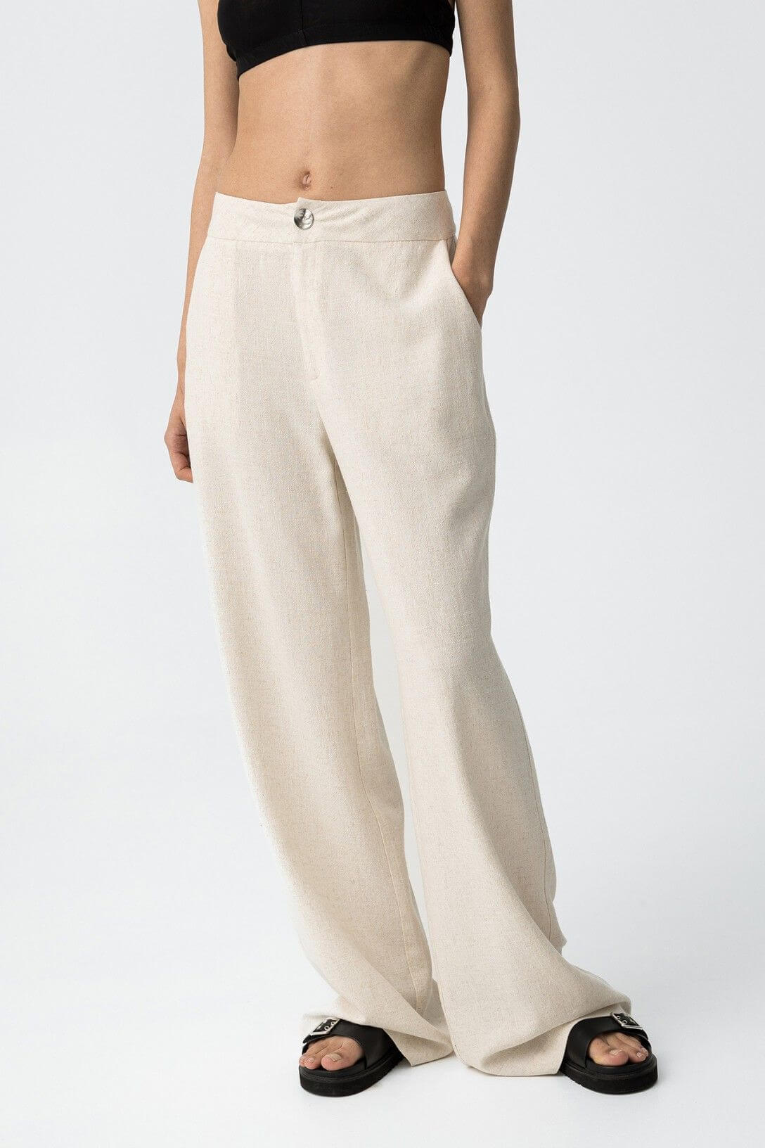 Pantalone donna portel wide leg vita alta in viscosa e lino – vista frontale – Frarò