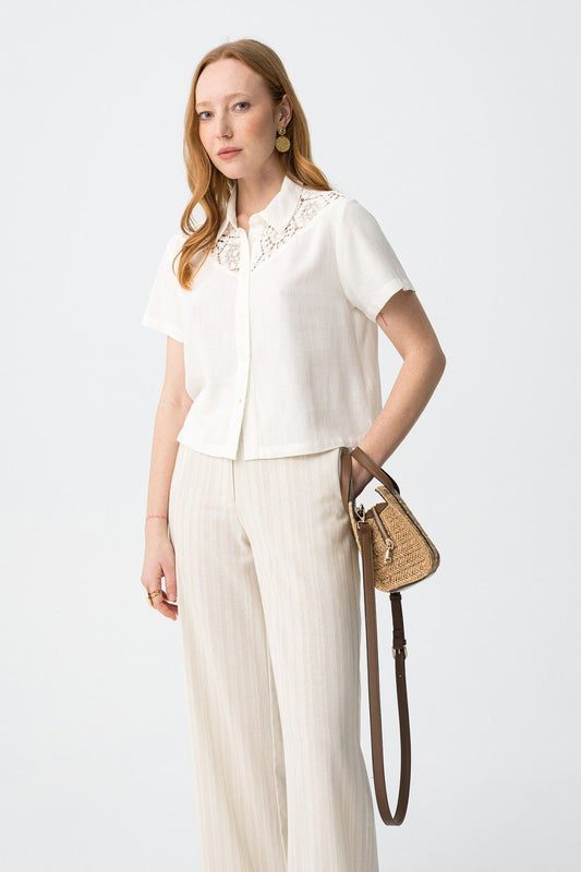 Pantalone Donna Beige Gamba Larga Provence - Righe Sottili Eleganti