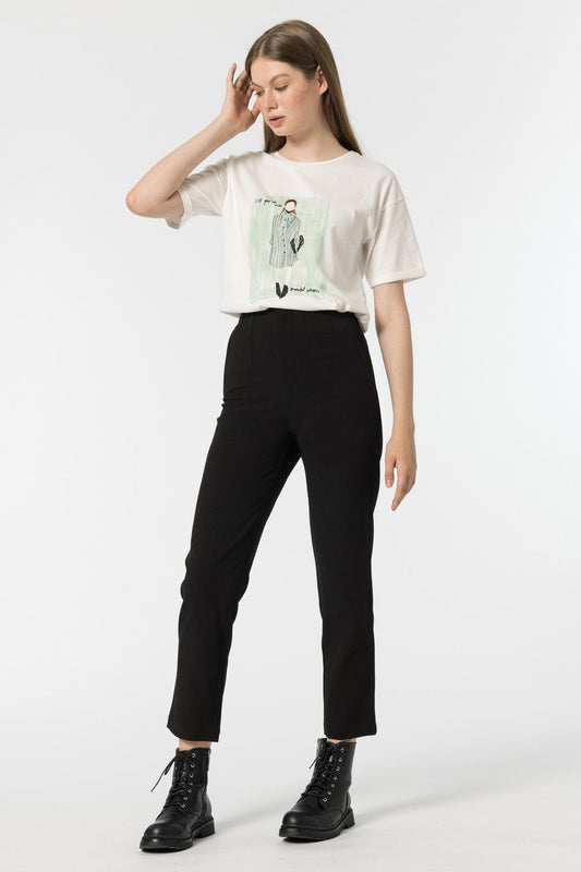 "Pantaloni donna a vita alta con gamba slim in tessuto stretch, modello Tiffosi"