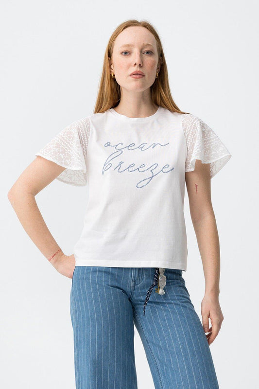 T-shirt donna Remi bianca maniche pizzo ricamo Ocean Breeze Tiffosi - vista frontale
