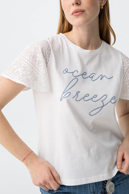 T-shirt donna Remi Tiffosi 100% cotone maniche pizzo - dettaglio ricamo Ocean Breeze
