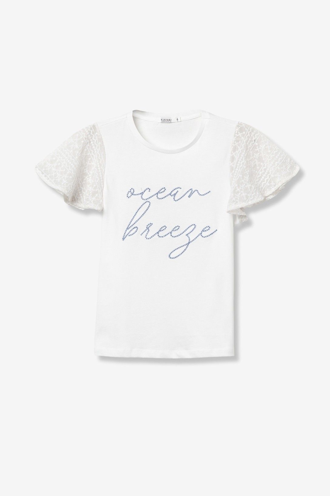 T-shirt donna Remi Bianca maniche pizzo ricamo Ocean Breeze - dettaglio tessuto cotone