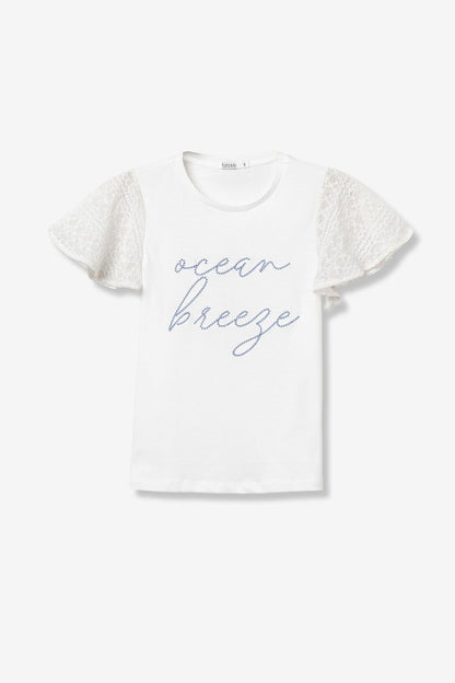 T-shirt donna Remi Bianca maniche pizzo ricamo Ocean Breeze - dettaglio tessuto cotone