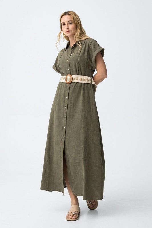 Abito Lungo Donna Riley Verde Militare - Vestito Maxi in Lino e Cotone con Collo Camicia
