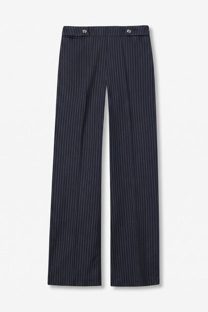 Pantalone donna Sammy Tiffosi blu gessato con sottile riga bianca, vita alta, taglio dritto e vestibilità morbida oversize