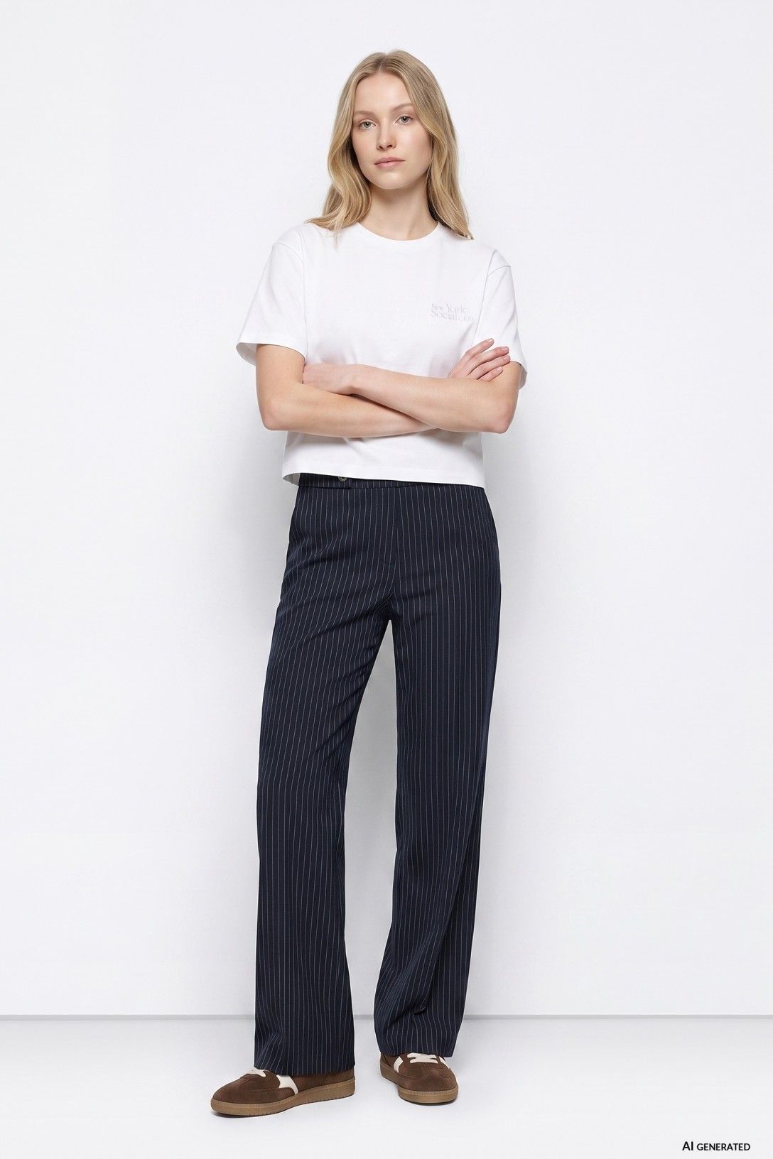 Pantalone donna Sammy Tiffosi blu gessato con sottile riga bianca, vita alta, taglio dritto e vestibilità morbida oversize - total look indossato da modella