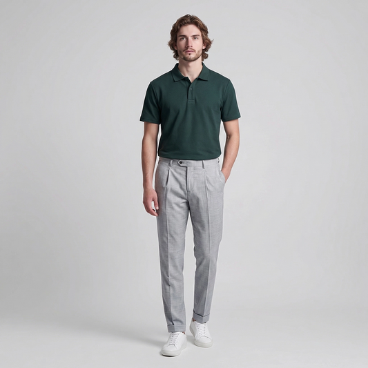 Pantalone sartoriale Meet uomo grigio con pince - total look con polo in verde