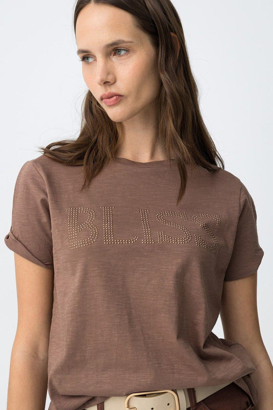 T-shirt Seadra donna colore bruciato manica corta vista frontale e dettaglio scritta bliss
