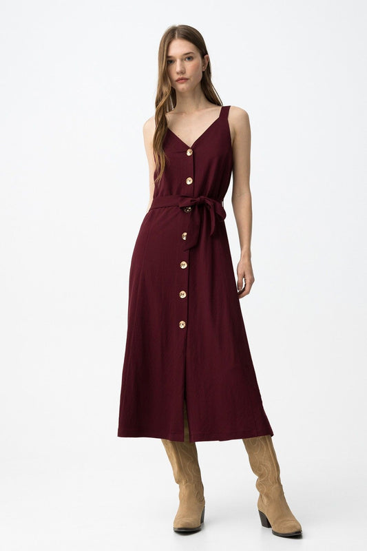 Abito donna Shara maxi bordeaux senza maniche con bottoni frontali e cintura regolabile – collezione PE26 Frarò