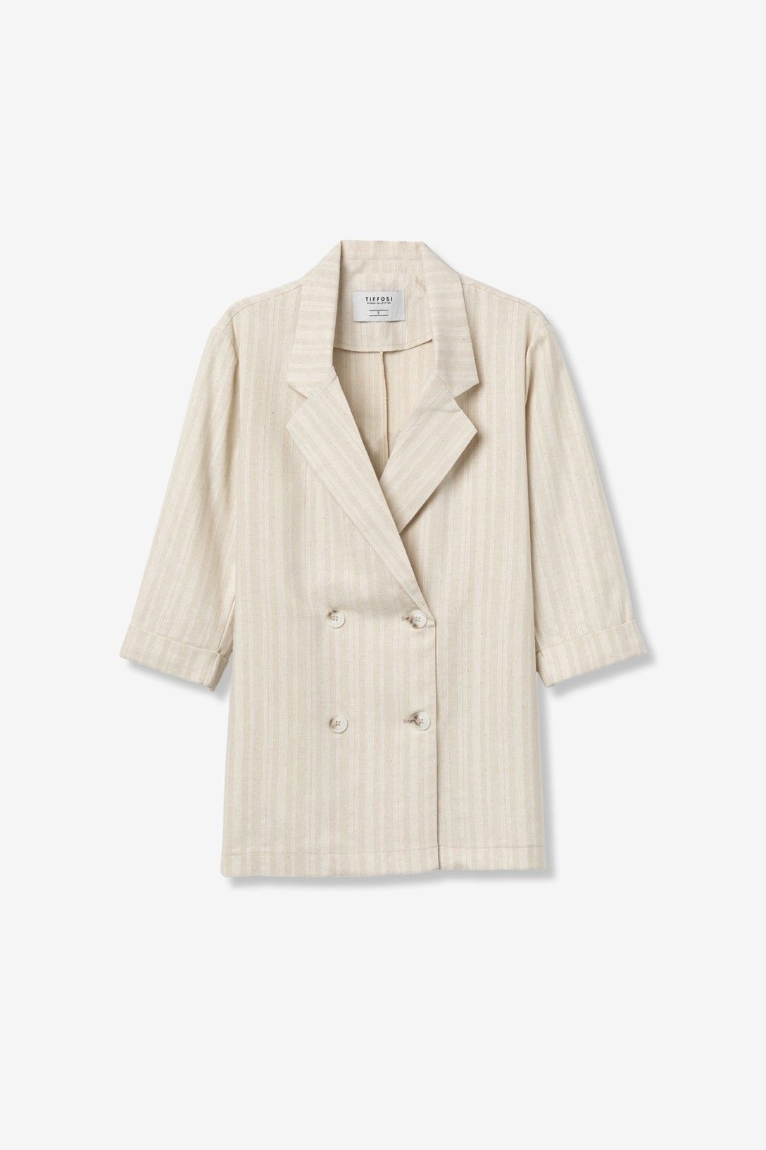 Blazer donna doppio petto manica 3/4 beige e righe in bianco- vista e-commerce