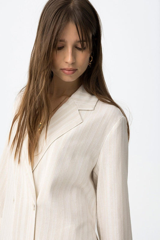 Blazer donna doppio petto manica 3/4 beige - dettaglio tessuto a righe