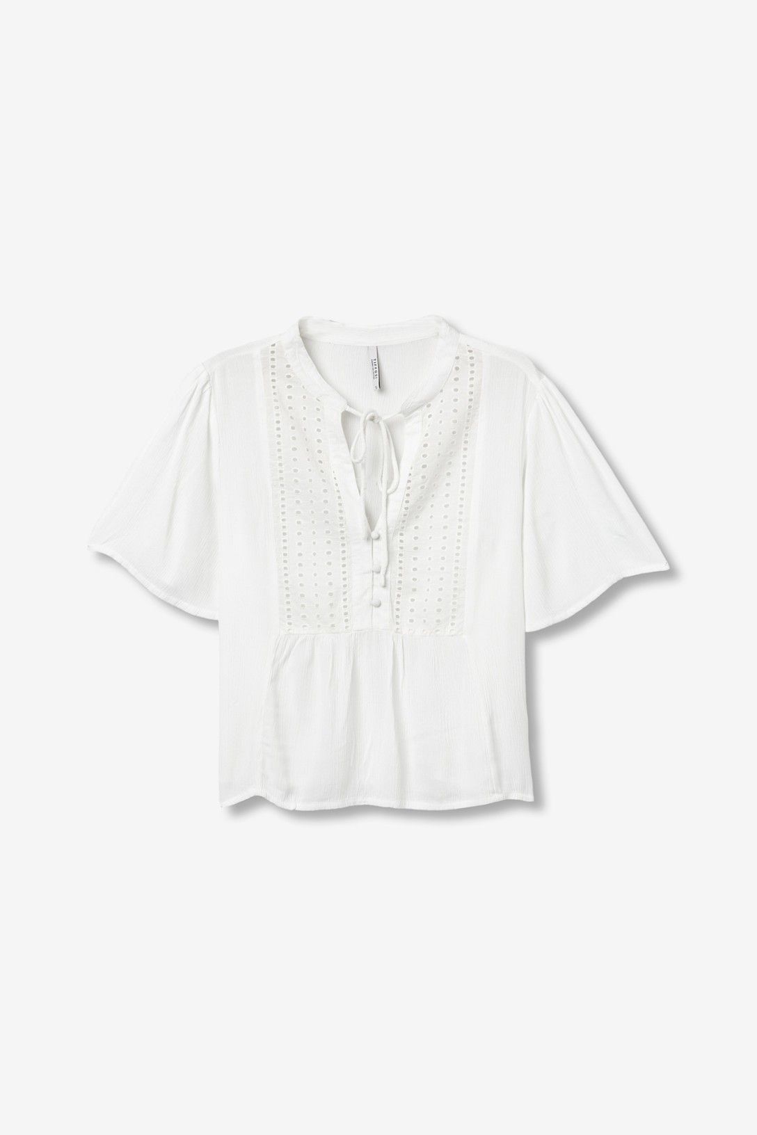 Camicia donna Viscosa Siria bianca  con pizzo traforato e manica corta Tiffosi sù sfondo bianco e commerce.