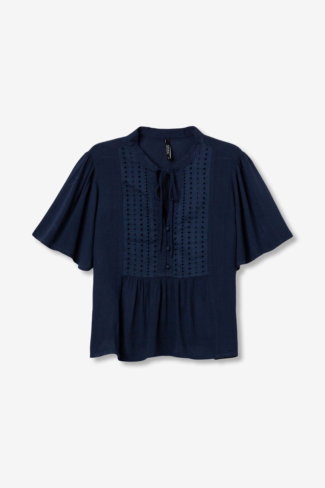 Camicia donna viscosa Siria blu con pizzo traforato e manica corta Tiffosi - sù sfondo bianco e-commerce