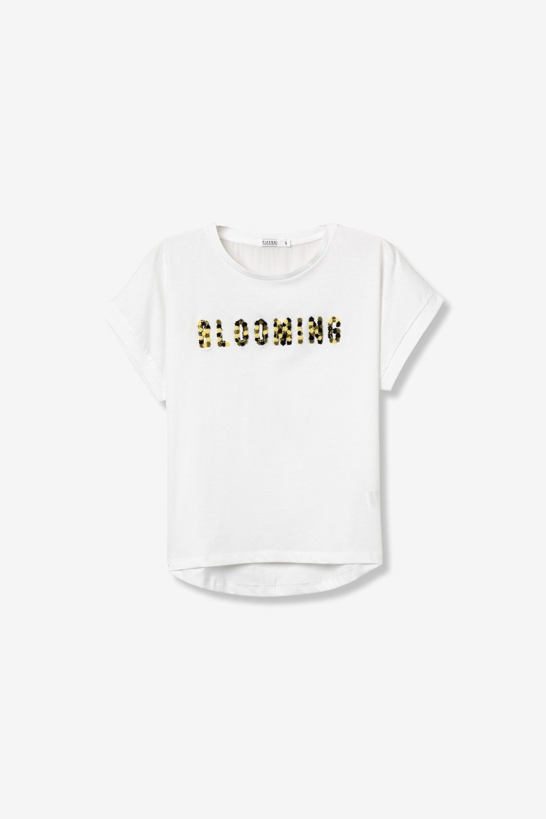 T-shirt donna bianca Swanna con stampa floreale colorata, maniche corte, cotone 100% - Collezione Primavera Estate 2026 Tiffosi
