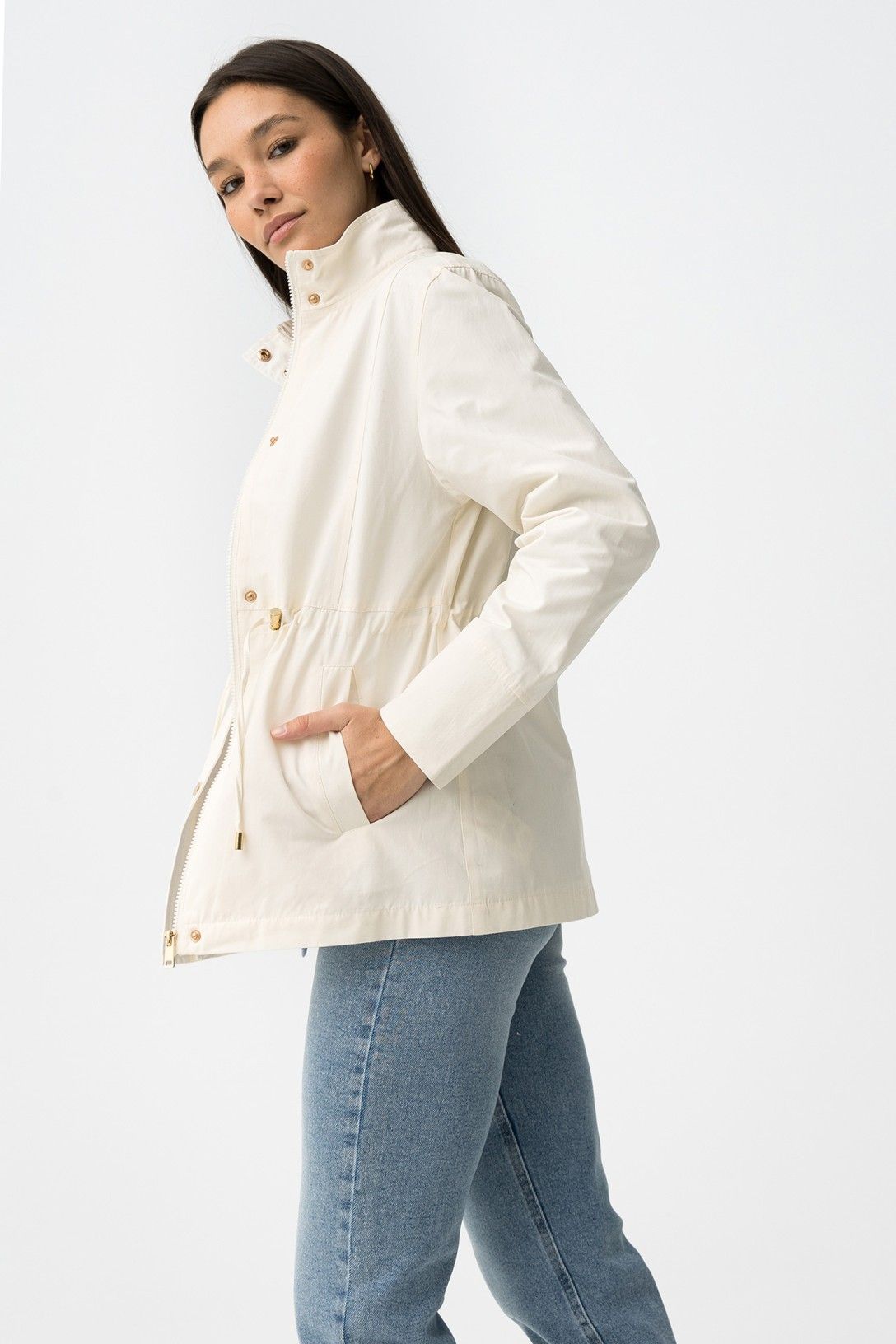 Trench donna leggero Vela panna dettaglio chiusura - giacca estiva doppia zip bottoni