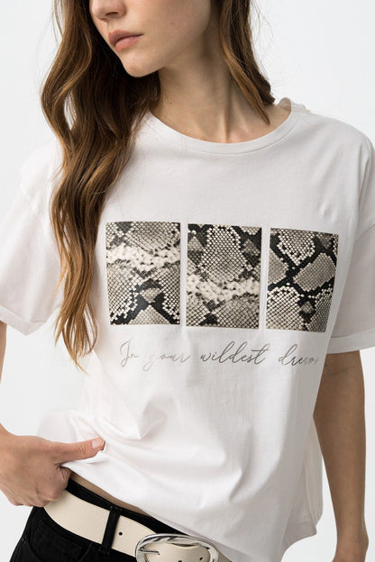 Dettaglio stampa leopardata su t-shirt donna stampa animalier Veny Tiffosi - maglia cotone donna mezza manica