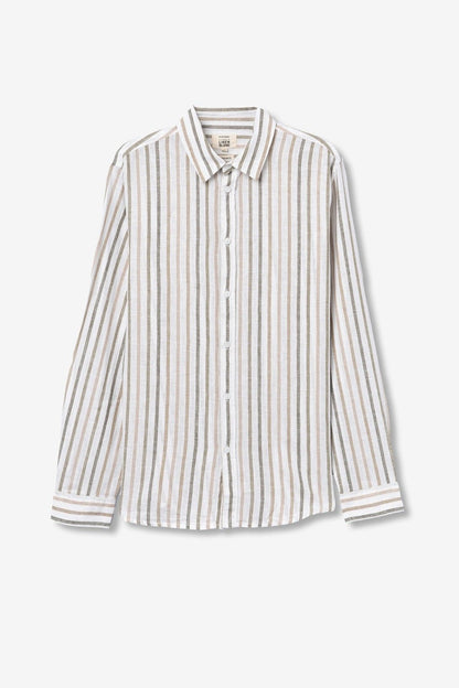 Dettaglio tessuto camicia uomo Vincent - Lino 55% cotone 45% righe verticali verdi beige