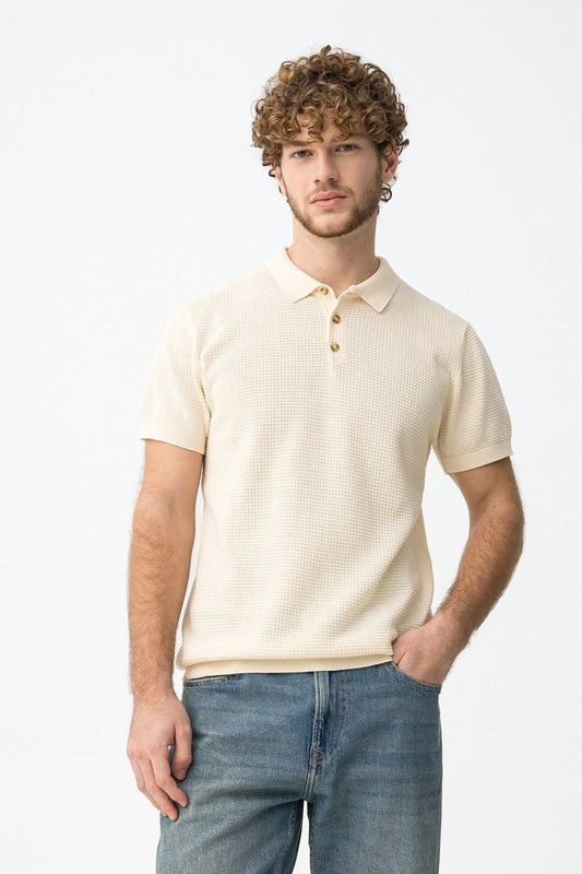 Polo uomo cotone micro fantasia manica corta - vista frontale colletto bottoni