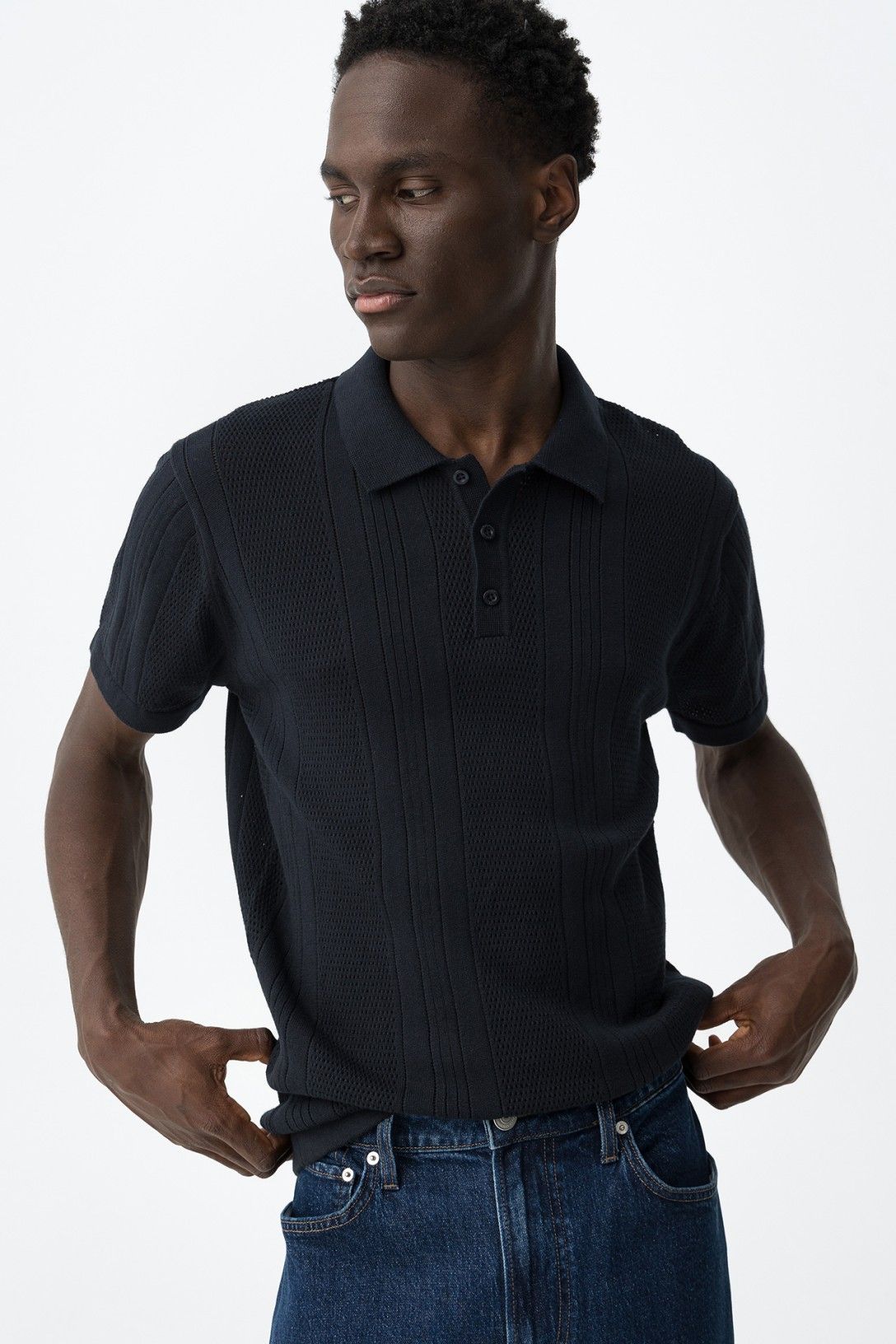 Polo uomo Weston blu traforata mezza manica - vista frontale