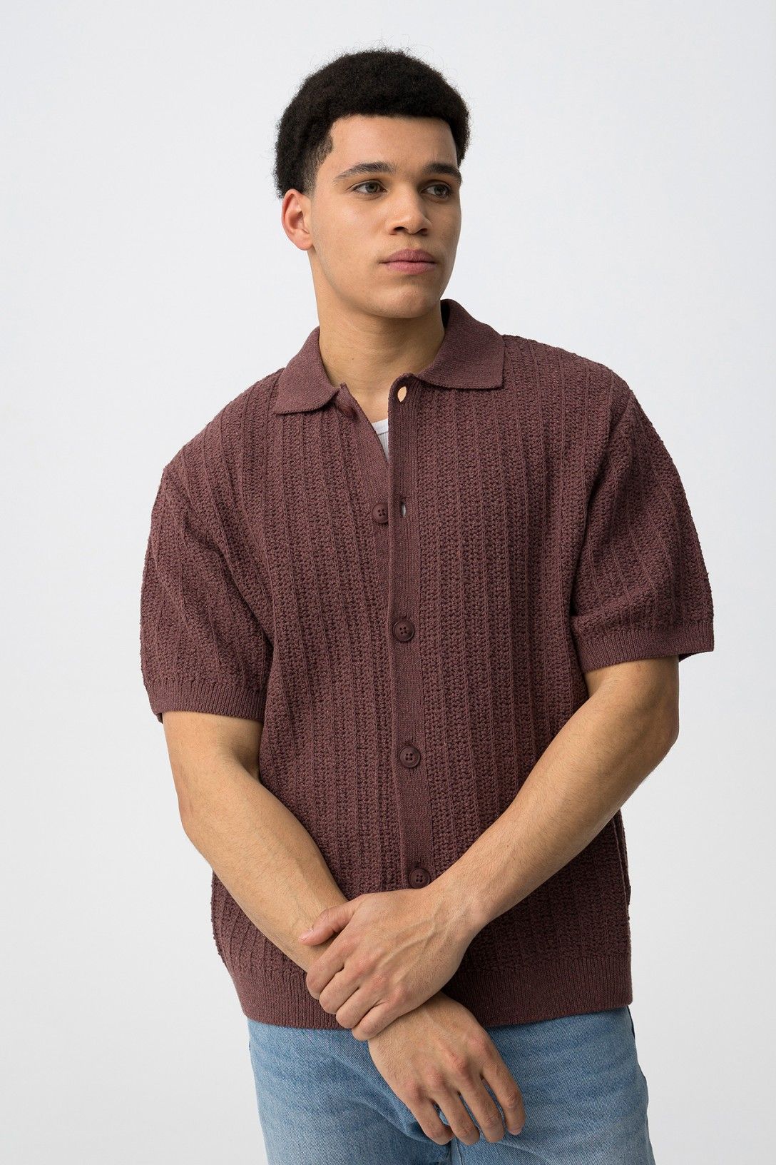 Cardigan uomo mezza manica Wilder rosa chiaro - vista frontale modello
