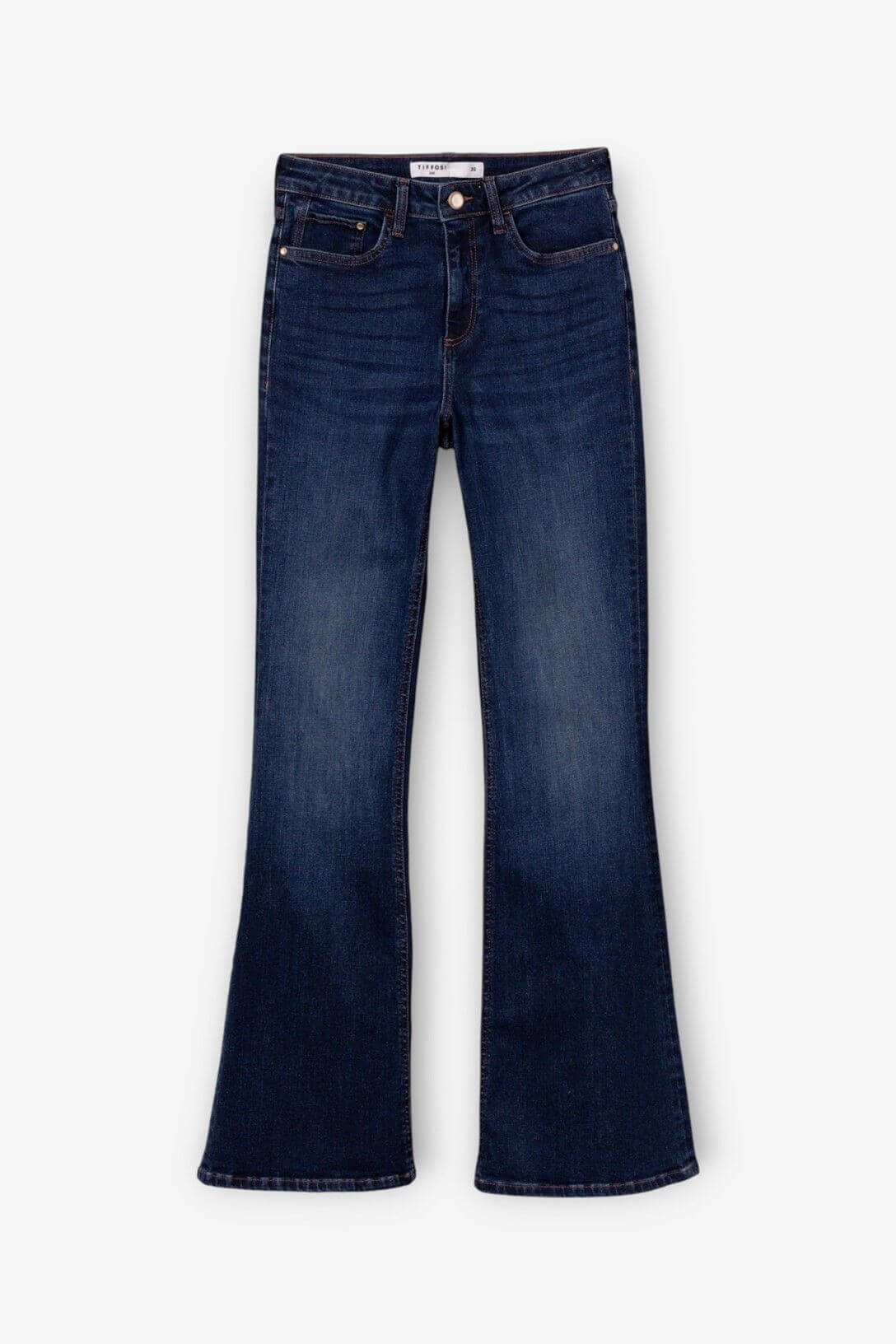 Jeans donna blu denim flare vita alta modello Zoe 64 Tiffosi per Frarò, vista flat lay su sfondo bianco, gamba a zampa e silhouette allargata dal ginocchio, etichetta Tiffosi visibile
