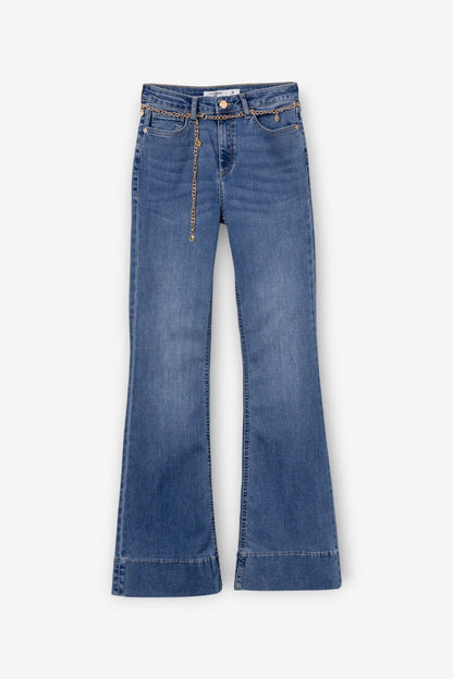 Jeans donna a zampa Zoe 76 – denim semi elastico blue con sabbiature, alta vita, 5 tasche e cintura a catena gold inclusa – Frarò Shop